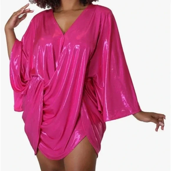 Women's Party Dress Backless Batwing Long Sleeve V-Neck Drape Knot Dress Size L - Picture 1 of 9